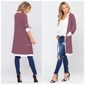 Burgundy Striped Open Front Cardigan With Pockets